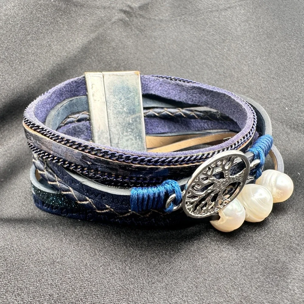 Vintage Y2K Black Laye Wrap Leather Pearl Life Tree Bracelet Silver Tone Jewelry